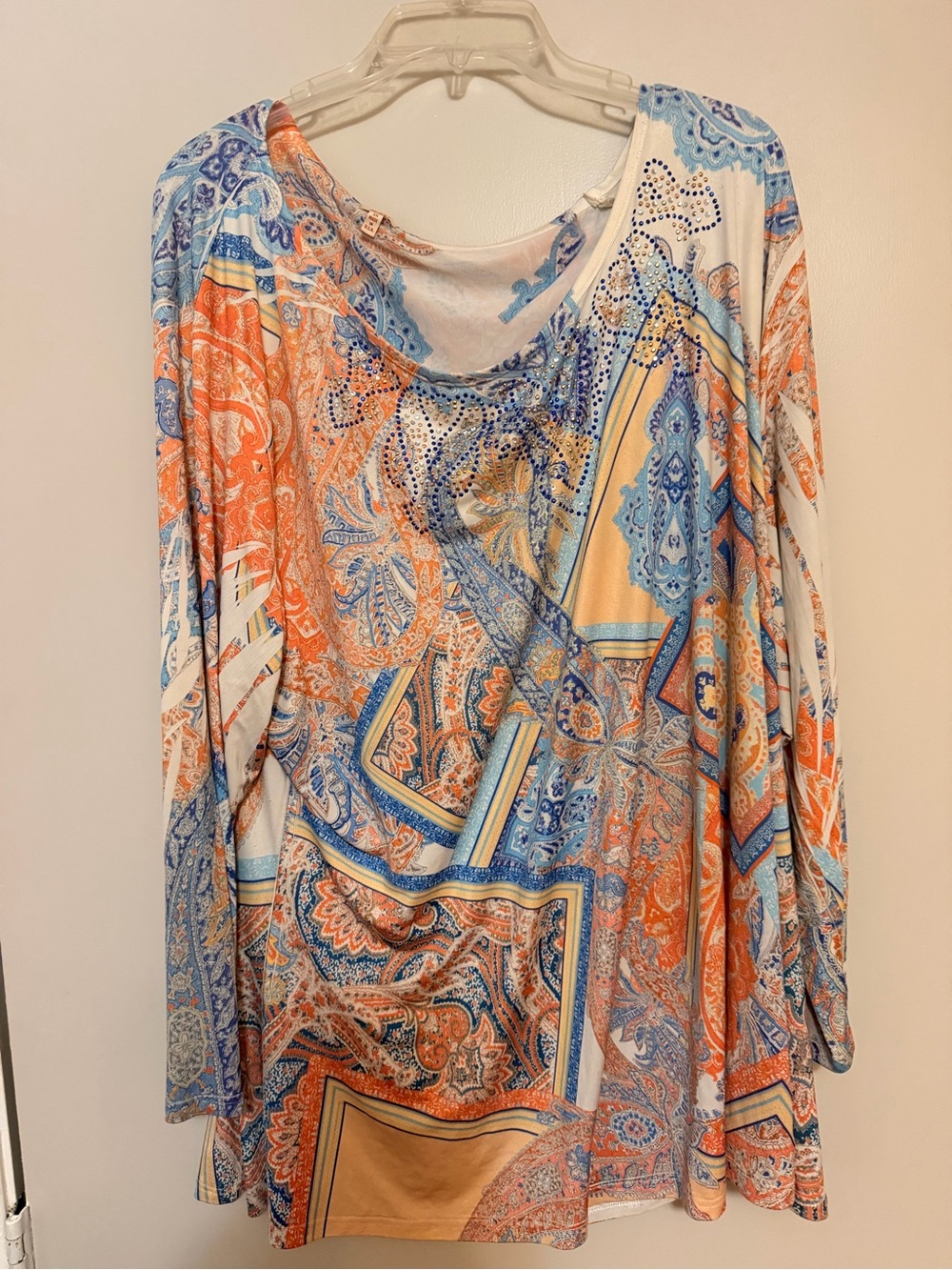 Reba Paisley Print Long Sleeve Top in Orange, Blue & Cream Plus Size 3X